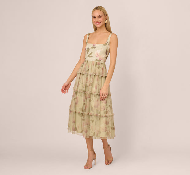 Aidan Mattox Sleeveless Square Neck Floral Tiered Midi Dress In Green Multi