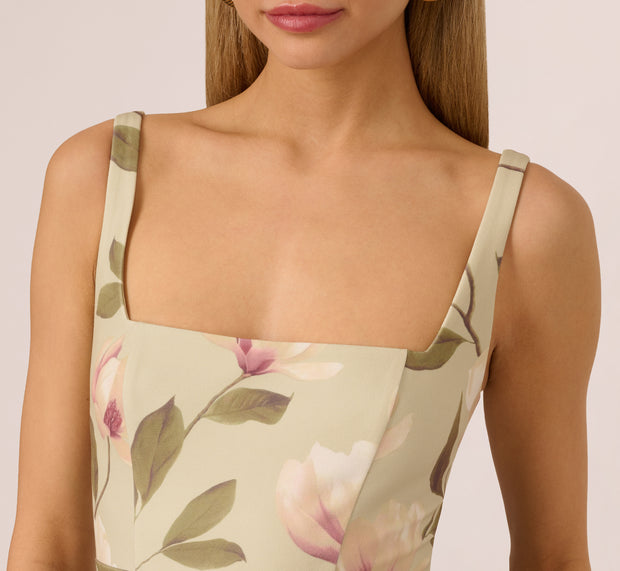 Aidan Mattox Sleeveless Square Neck Floral Tiered Midi Dress In Green Multi