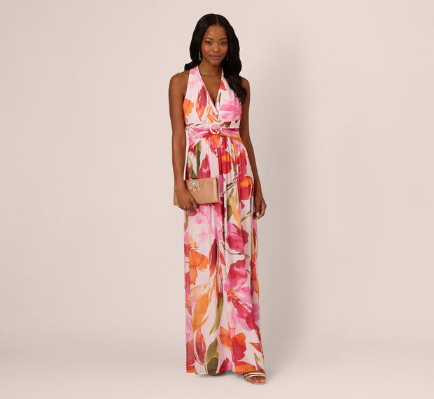 Aidan Mattox Sleeveless Surplice Floral Chiffon Gown In Pink Orange Multi