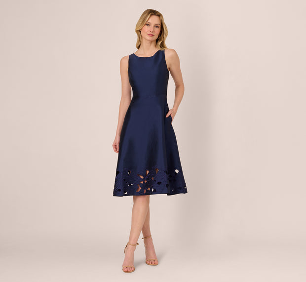 Aidan Mattox Sleeveless Taffeta Floral Cutwork Midi Dress In Light Navy