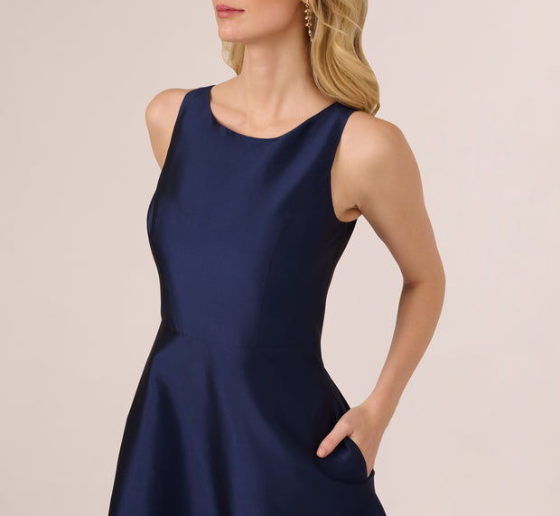 Aidan Mattox Sleeveless Taffeta Floral Cutwork Midi Dress In Light Navy