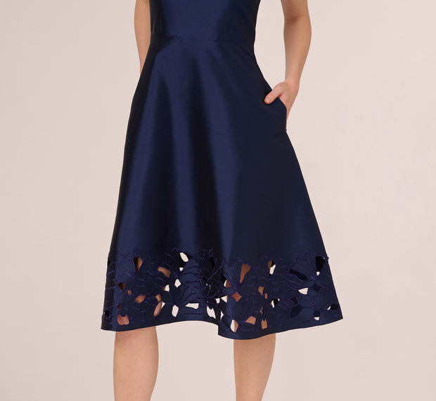 Aidan Mattox Sleeveless Taffeta Floral Cutwork Midi Dress In Light Navy