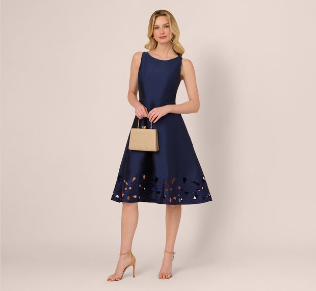 aidan mattox Sleeveless Taffeta Floral Cutwork Midi Dress In Light Navy