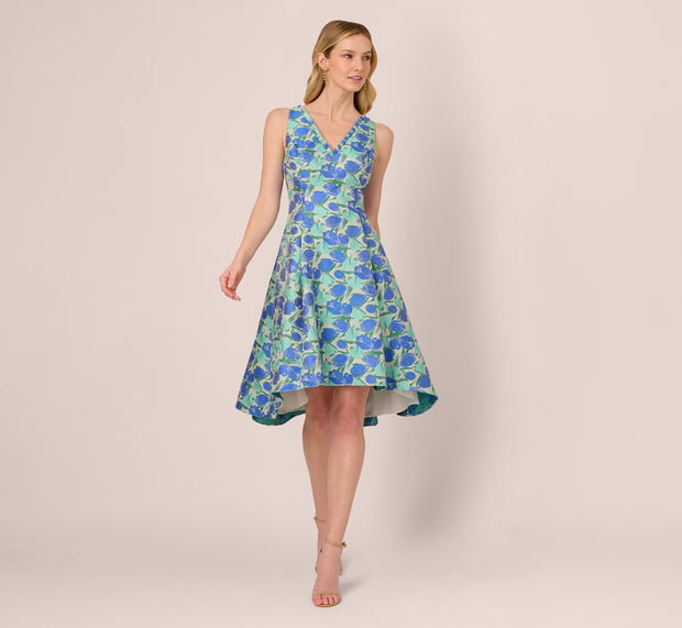 Aidan Mattox Sleeveless Tulip Jacquard Fit And Flare Midi Dress In Blue Green Multi