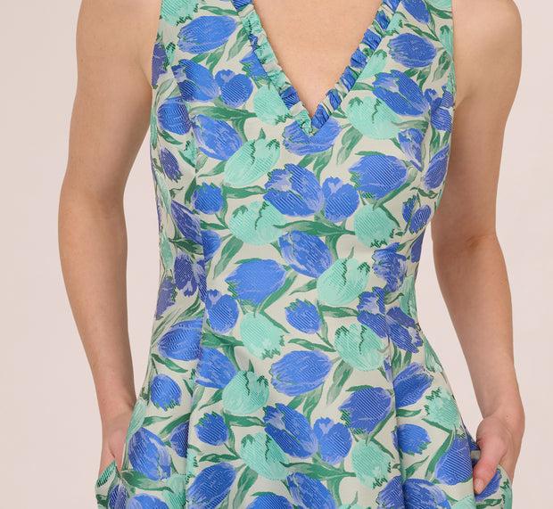 Aidan Mattox Sleeveless Tulip Jacquard Fit And Flare Midi Dress In Blue Green Multi