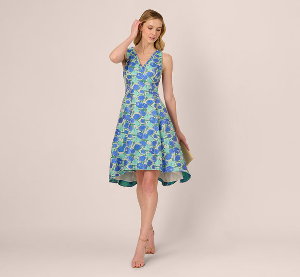 aidan mattox Sleeveless Tulip Jacquard Fit And Flare Midi Dress In Blue Green Multi