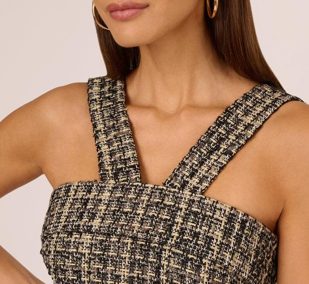 Aidan Mattox Sleeveless Tweed Mini Dress With Halter Straps In Black Ivory