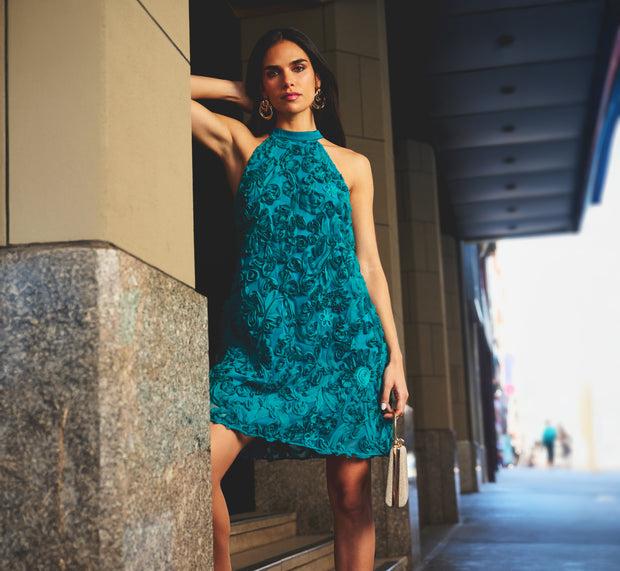 aidan mattox Soutache Embroidered Trapeze Dress In Teal Lagoon