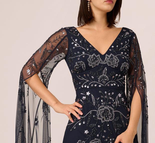 Aidan Mattox Split Sleeve Floral Beaded Gown In Navy Gunmetal