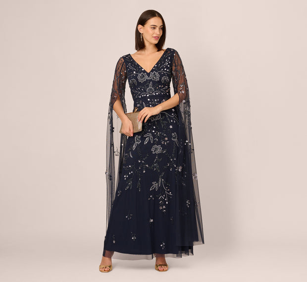 aidan mattox Split Sleeve Floral Beaded Gown In Navy Gunmetal