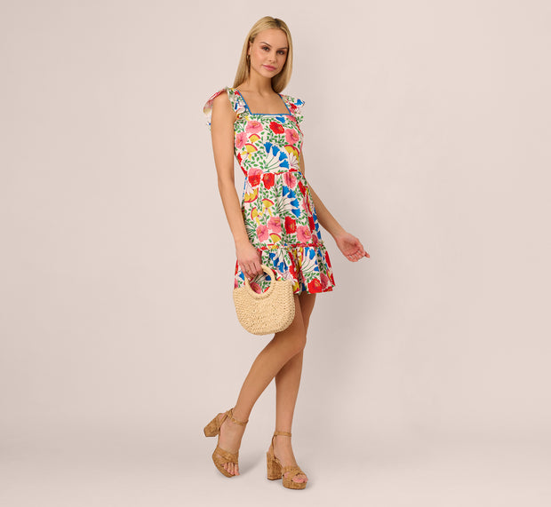 Aidan Mattox Square Neck Floral Ruffle Short Dress In Ivory Multi