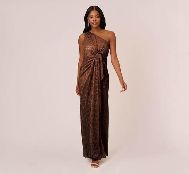Aidan Mattox Stardust Pleated Draped One Shoulder Gown In Copper
