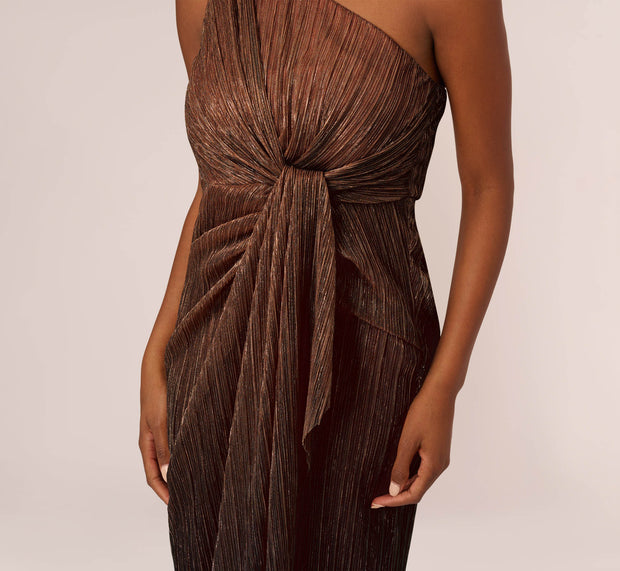 Aidan Mattox Stardust Pleated Draped One Shoulder Gown In Copper