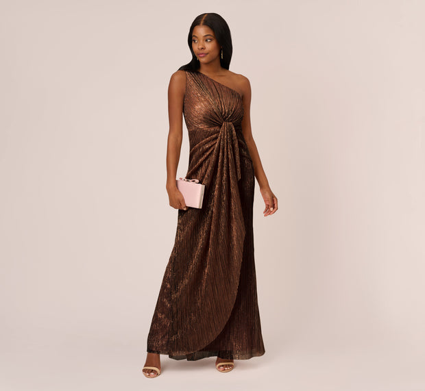 aidan mattox Stardust Pleated Draped One Shoulder Gown In Copper