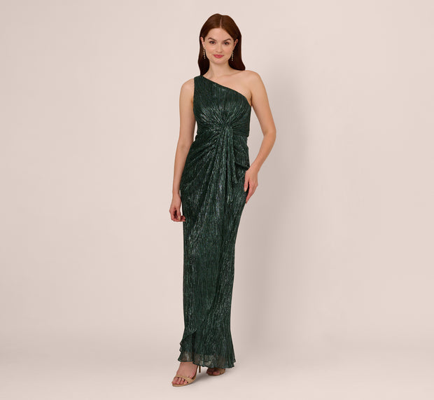 Aidan Mattox Stardust Pleated Draped One Shoulder Gown In Green Pine