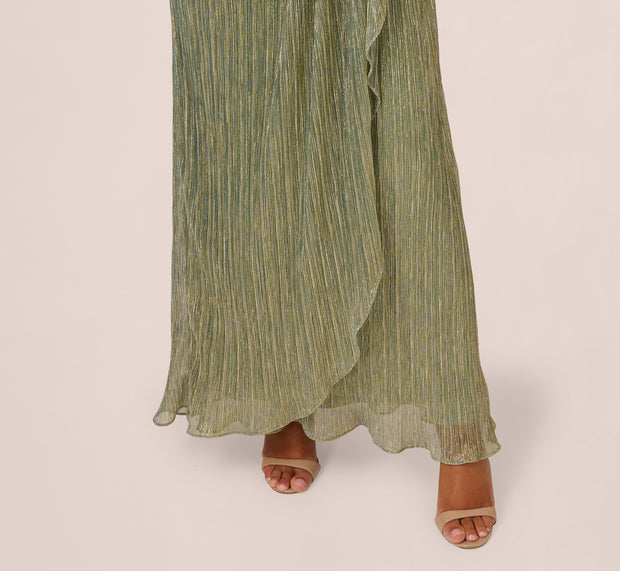 Aidan Mattox Stardust Pleated Draped One Shoulder Gown In Green Slate