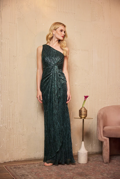 aidan mattox Stardust Pleated Draped One Shoulder Gown In Green Pine