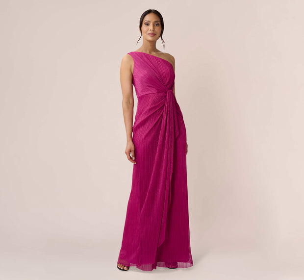 Aidan Mattox Stardust Pleated Draped One Shoulder Gown In Magenta
