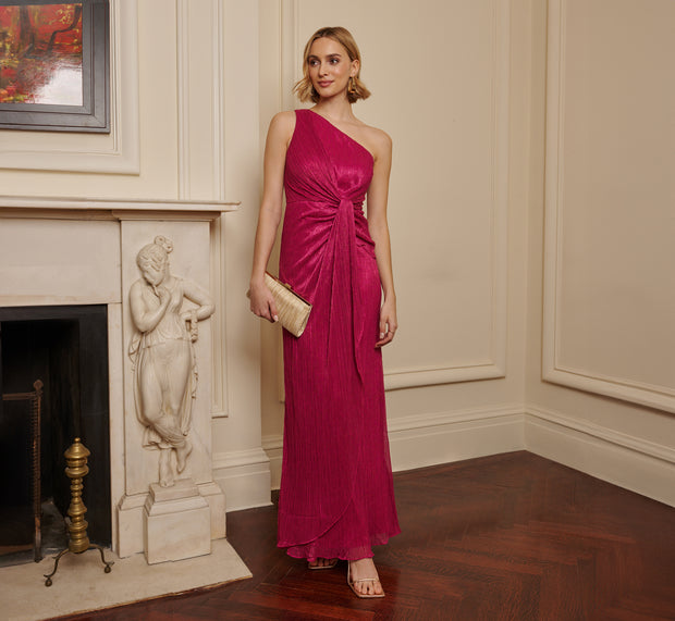 aidan mattox Stardust Pleated Draped One Shoulder Gown In Magenta