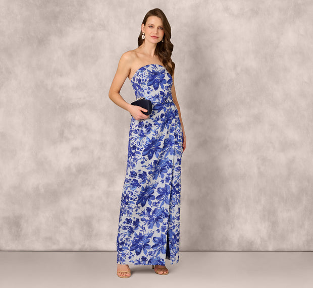 aidan mattox Strapless Belted Floral Jacquard Column Gown In Rich Royal