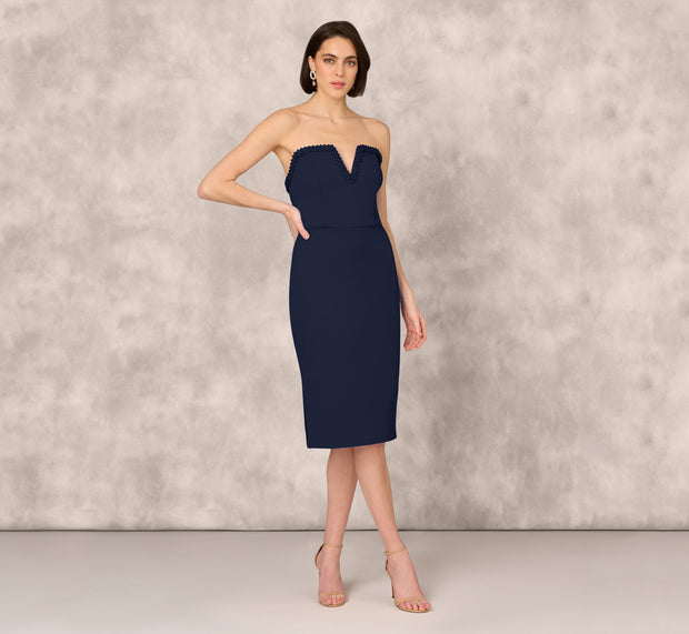 Aidan Mattox Strapless Bonded Crepe Midi Dress With Beaded Notch Neckline In Twilig