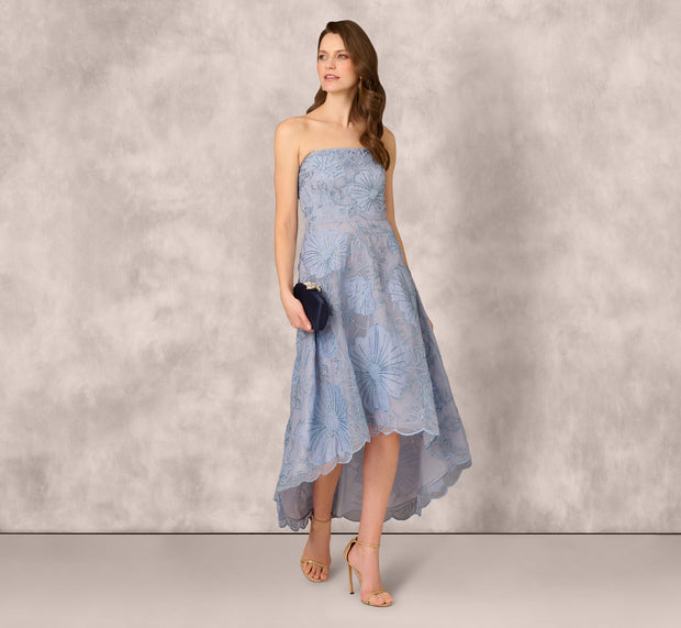 Aidan Mattox Strapless Floral Embroidered High Low Midi Dress In Blue Cloud
