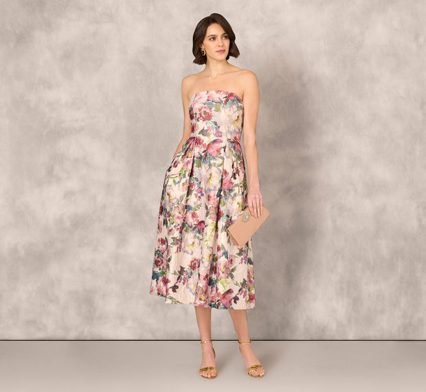 Aidan Mattox Strapless Floral Jacquard Midi Dress In Pink Multi