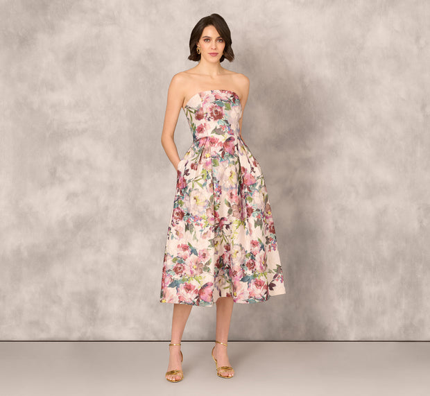 Aidan Mattox Strapless Floral Jacquard Midi Dress In Pink Multi