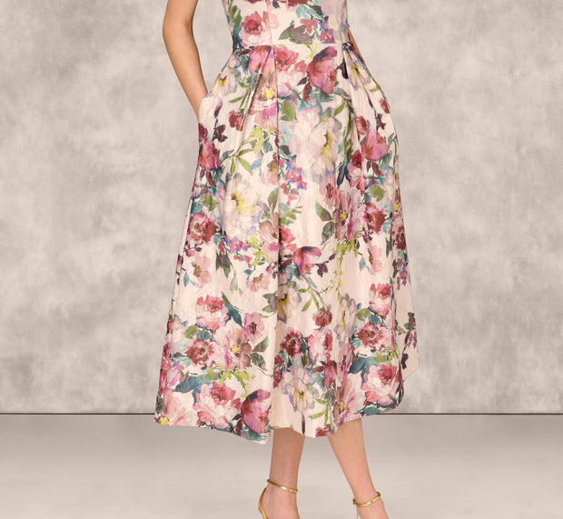 Aidan Mattox Strapless Floral Jacquard Midi Dress In Pink Multi