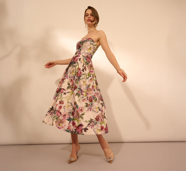 aidan mattox Strapless Floral Jacquard Midi Dress In Pink Multi
