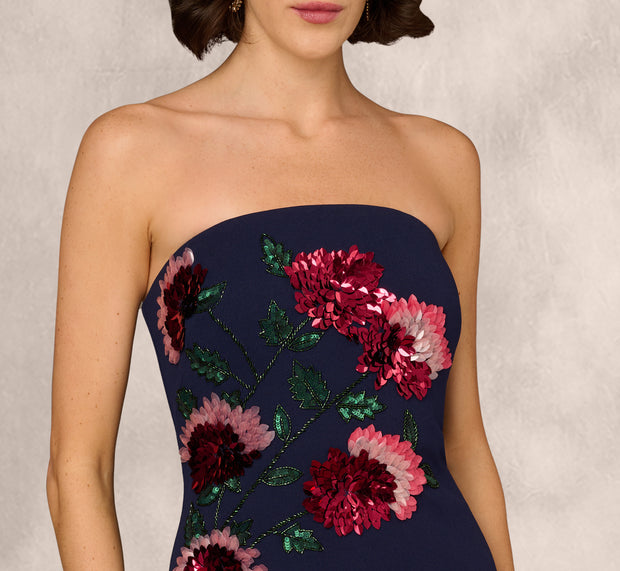 Aidan Mattox Strapless Floral Sequin Beaded Column Gown In Navy