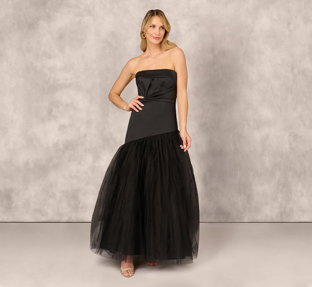 Aidan Mattox Strapless Mikado Ball Gown With Mesh Skirt In Black