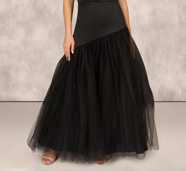 Aidan Mattox Strapless Mikado Ball Gown With Mesh Skirt In Black