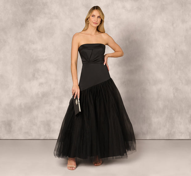 aidan mattox Strapless Mikado Ball Gown With Mesh Skirt In Black