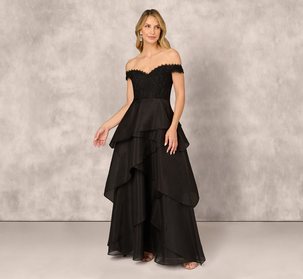 Aidan Mattox Strapless Organza Ball Gown With Off The Shoulder Neckline In Black