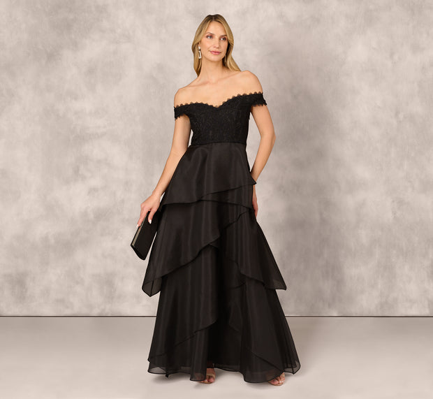 aidan mattox Strapless Organza Ball Gown With Off The Shoulder Neckline In Black