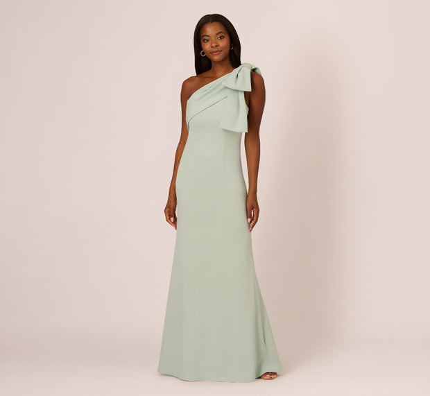 Aidan Mattox Stretch Crepe One Shoulder Mermaid Gown With Bow Accent In Icy Sage