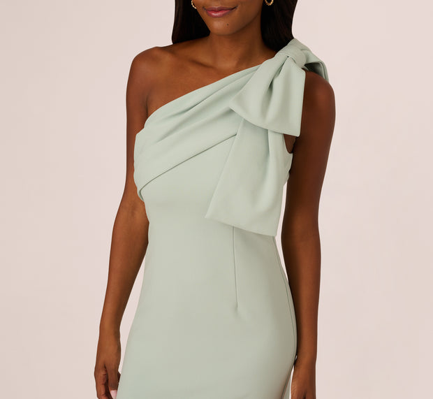 Aidan Mattox Stretch Crepe One Shoulder Mermaid Gown With Bow Accent In Icy Sage