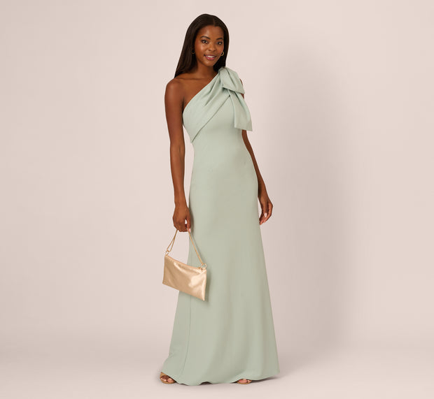 aidan mattox Stretch Crepe One Shoulder Mermaid Gown With Bow Accent In Icy Sage