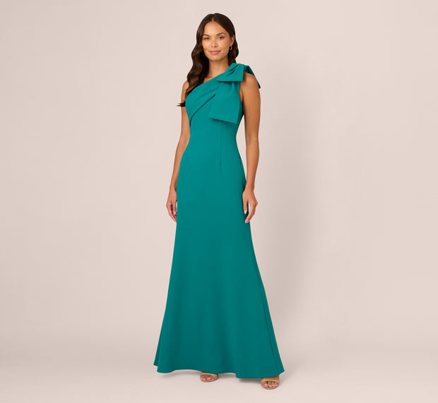 Aidan Mattox Stretch Crepe One Shoulder Mermaid Gown With Bow Accent In Tempo Teal