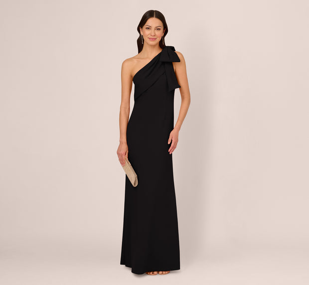 aidan mattox Stretch Crepe One Shoulder Mermaid Gown With Bow Accent In Black