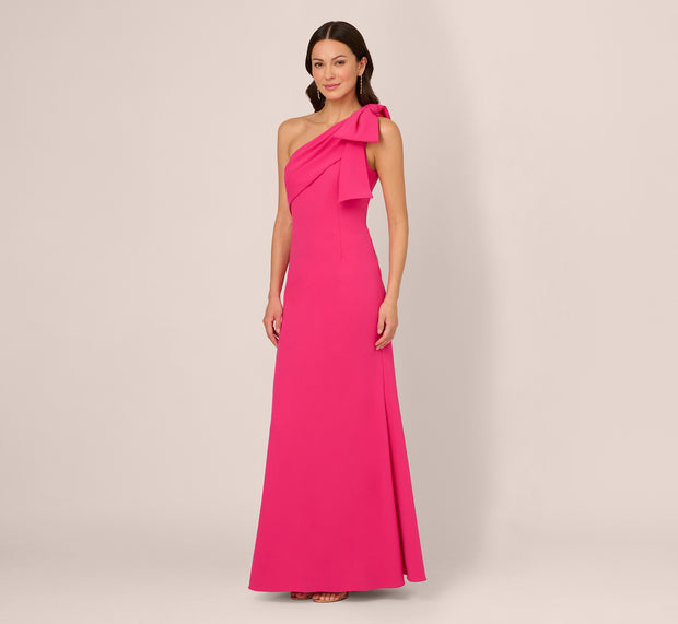 Aidan Mattox Stretch Crepe One Shoulder Mermaid Gown With Bow Accent In Hot Pink