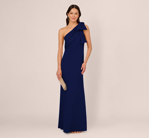 aidan mattox Stretch Crepe One Shoulder Mermaid Gown With Bow Accent In Navy Sateen