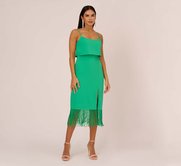 Aidan Mattox Stretch Crepe Popover Midi Dress With Fringe Hem In Summer Green