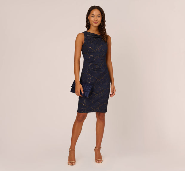 aidan mattox Stretch Jacquard Sleeveless Draped Sheath Dress In Navy