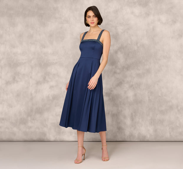 Aidan Mattox Stretch Mikado Midi Dress With Beaded Neckline And Straps In Navy