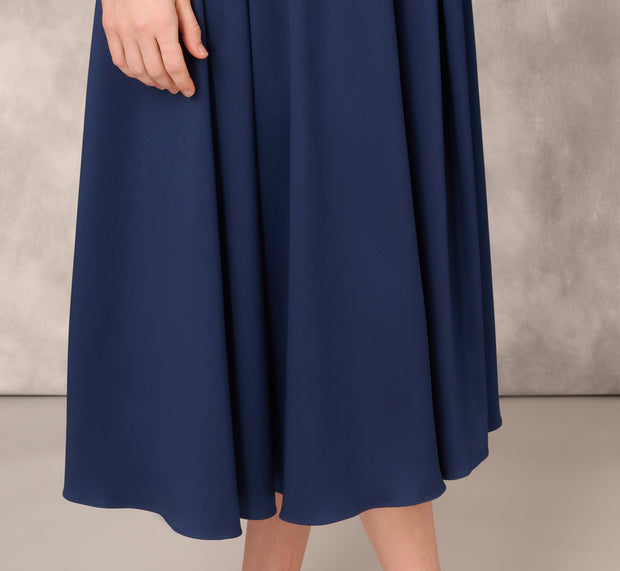 Aidan Mattox Stretch Mikado Midi Dress With Beaded Neckline And Straps In Navy