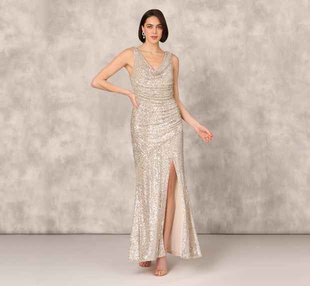 Aidan Mattox Stretch Sequin Sleeveless Cowl Neck Gown With Gathered Details In Cham