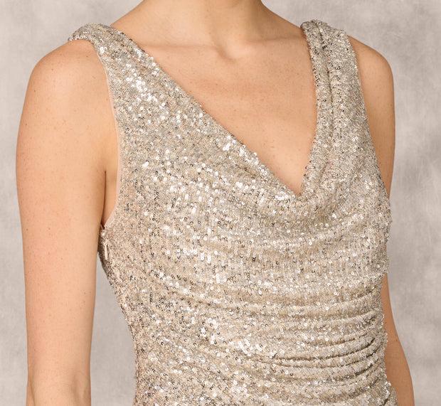 Aidan Mattox Stretch Sequin Sleeveless Cowl Neck Gown With Gathered Details In Cham