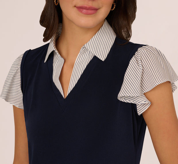 Aidan Mattox Striped Flutter Sleeve Twofer Sweater Vest Top In Navy W Crosshatch St